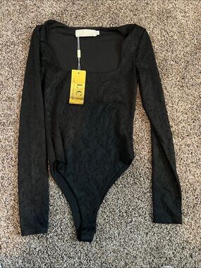 LC Lauren Conrad Black Textured Scoop-Neck Long-Sleeve Bodysuit
